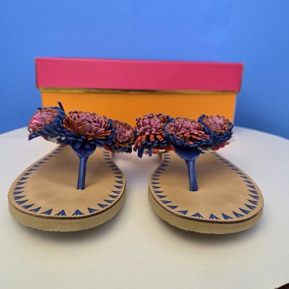 Kate Spade Idette Fringe Rosette Pom Sandal Flip Flop Blue Tangelo Tan Women’s 9 - Picture 12 of 15